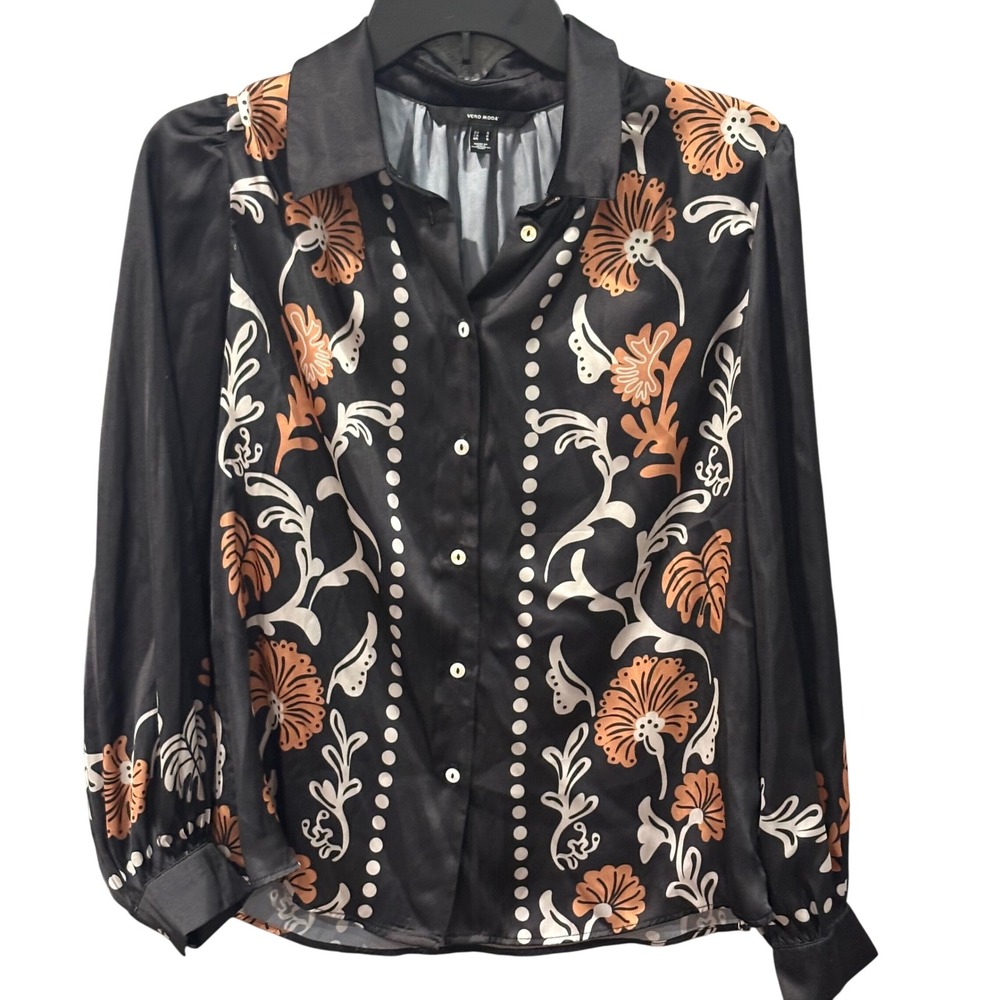 Vero Moda Womens Monica Floral Button Down Long Sleeve Shirt Black Orange S